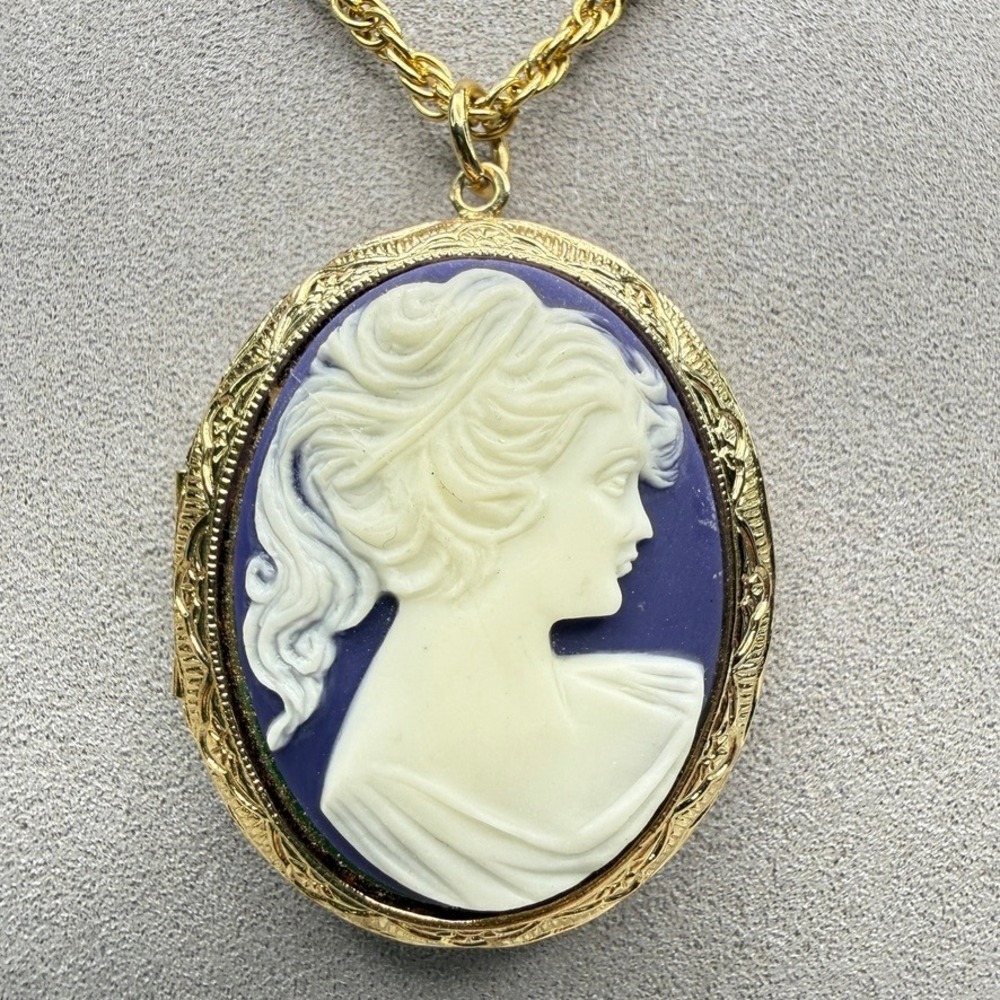 Vintage Cameo Locket Necklace Gold Tone Blue White Victorian Revival 32" Long